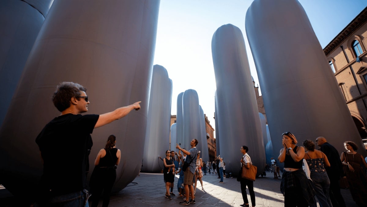 Dei megaliti gonfiabili da 14 metri invadono piazza Maggiore: IWAGUMI trasforma Bologna