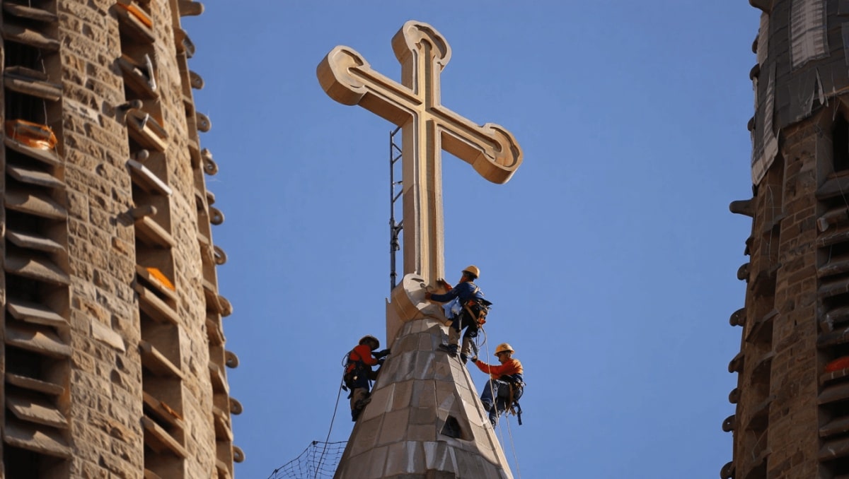 Sagrada Família, installati i quattro bracci orizzontali della croce della torre di Gesù Cristo