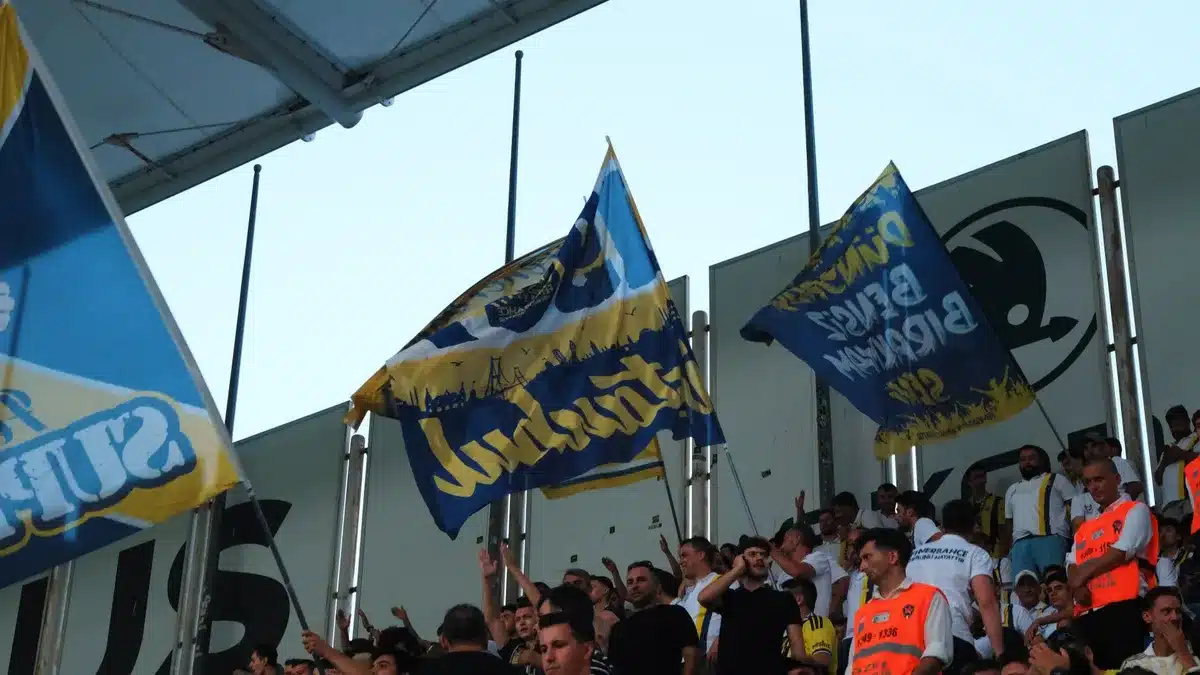 Tifosi in curva durante una partita di calcio, con sciarpe e colori della squadra