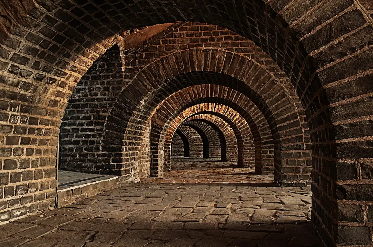 Galleria sotterranea con arcate in pietra e tracce di stratificazioni storiche