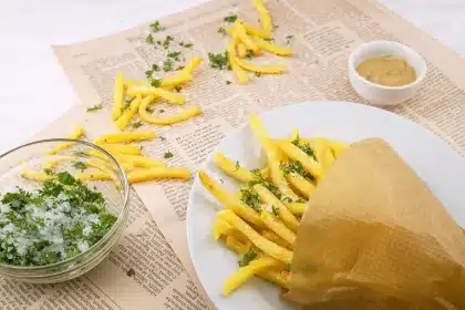 Bancarella di cibo di strada con salsicce e salsa in una piazza urbana