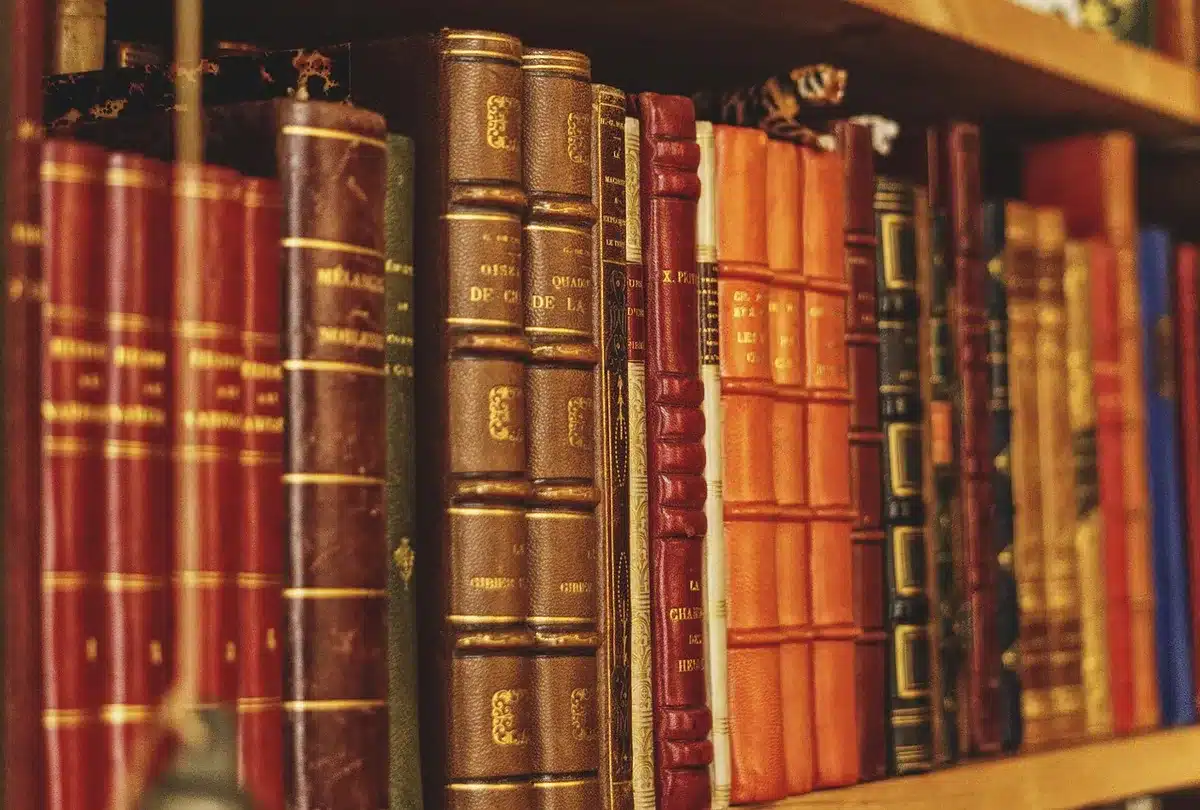 Interno con scaffali di libri e tavoli da lettura in un locale accogliente