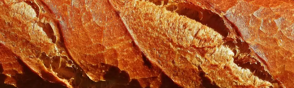 Mani anonime che tengono una pagnotta rustica su un bancone di panificio con clienti sullo sfondo