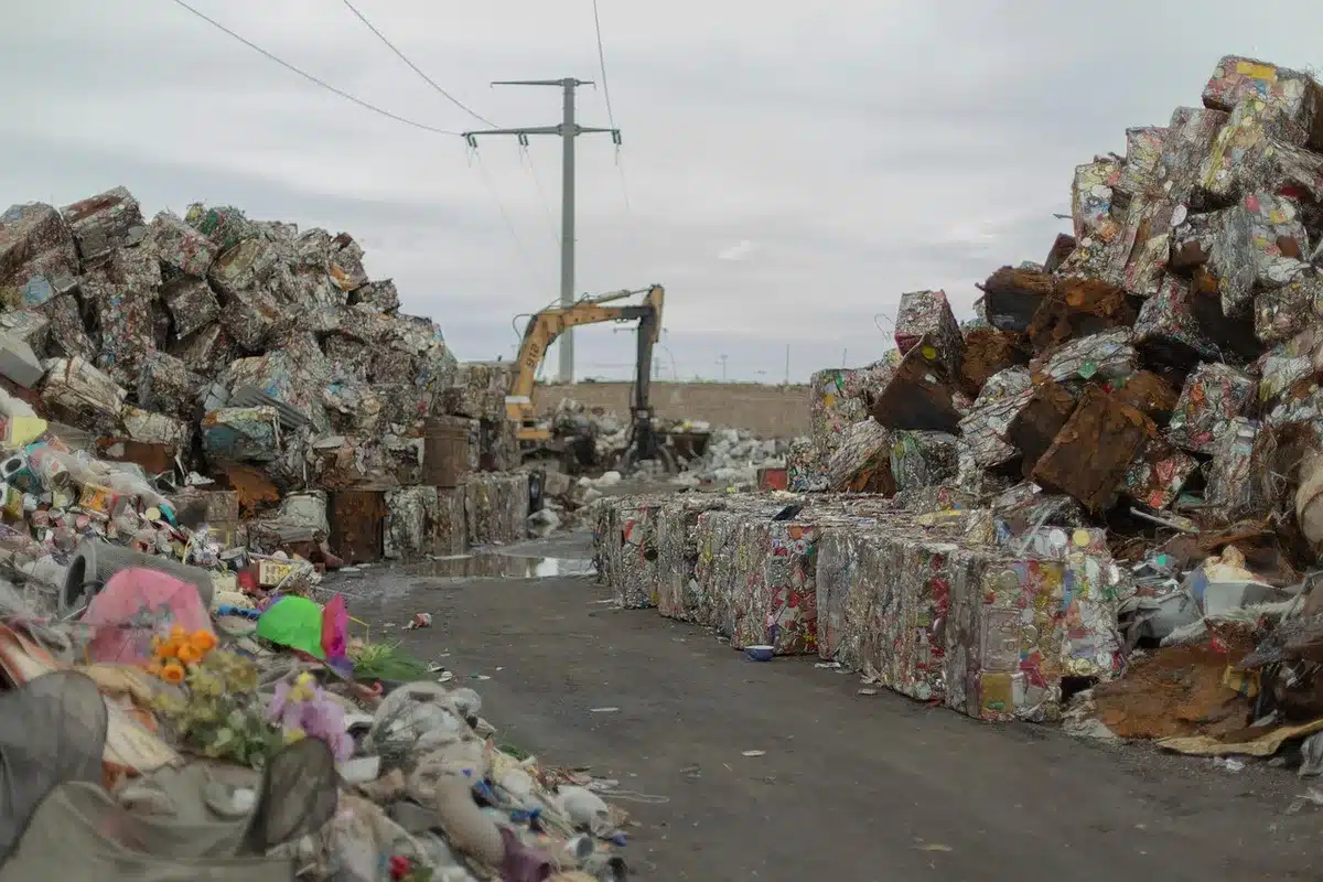 Mucchio di rifiuti organici in discarica al tramonto